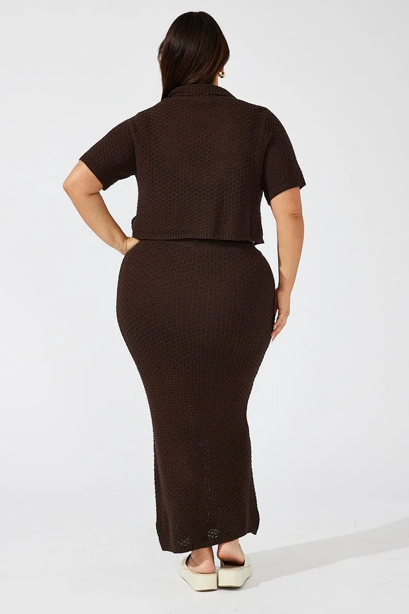 Brown Crochet Knit Midi Skirt Thermoregulating Fabric