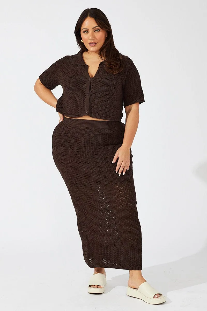 Brown Crochet Knit Midi Skirt Fashion Pulse Timeless Piece