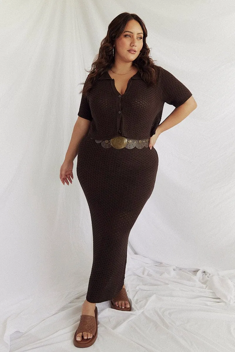 Brown Crochet Knit Midi Skirt Adjustable Waist Multi Purpose