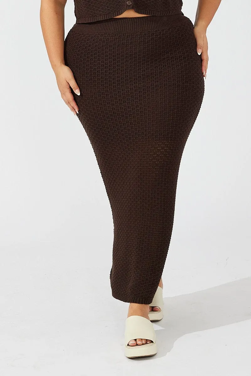 Brown Crochet Knit Midi Skirt Bamboo Fiber