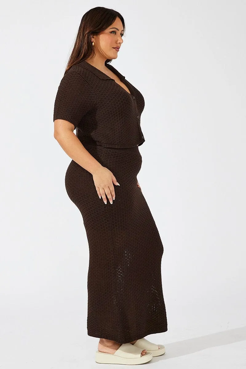 Brown Crochet Knit Midi Skirt Limited Release Subtle Mood