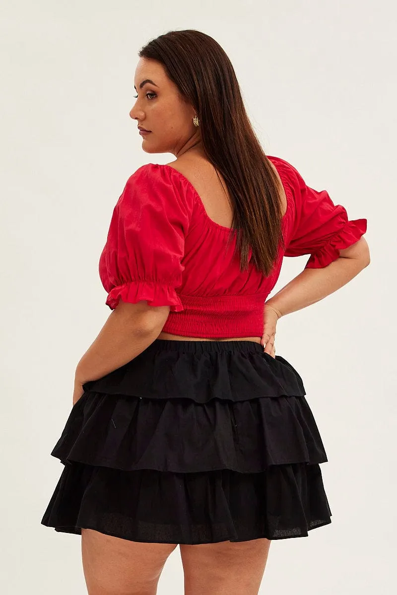 Summer Outfit Black Skater Skirt Ruffle Cotton Mini