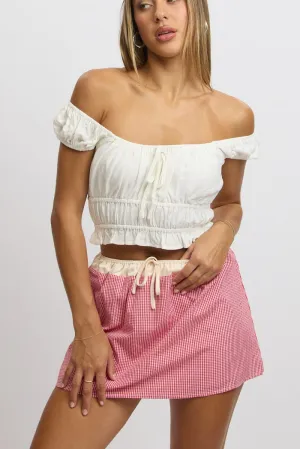 Red Check Mini Skirt Elasticated Waist Satin Contrast Low Impact Dye Contoured Waist