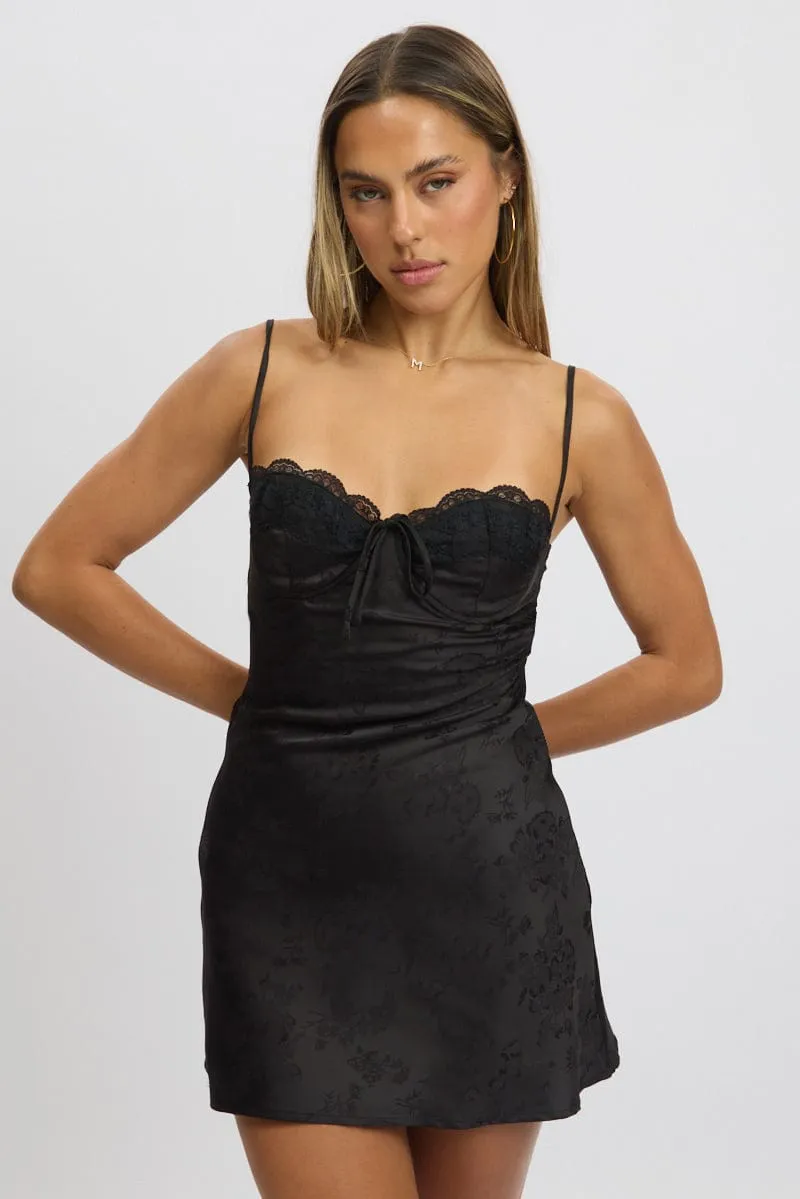 Black Mini Dress Tie Back Jacquard Fabric Scene Rush Weekend Fun