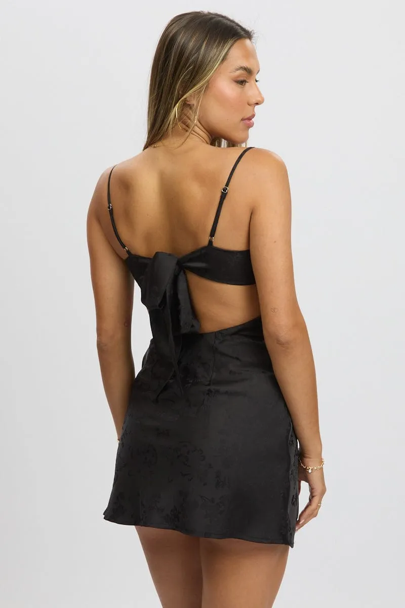 Black Mini Dress Tie Back Jacquard Fabric Comfortable and breezy mini