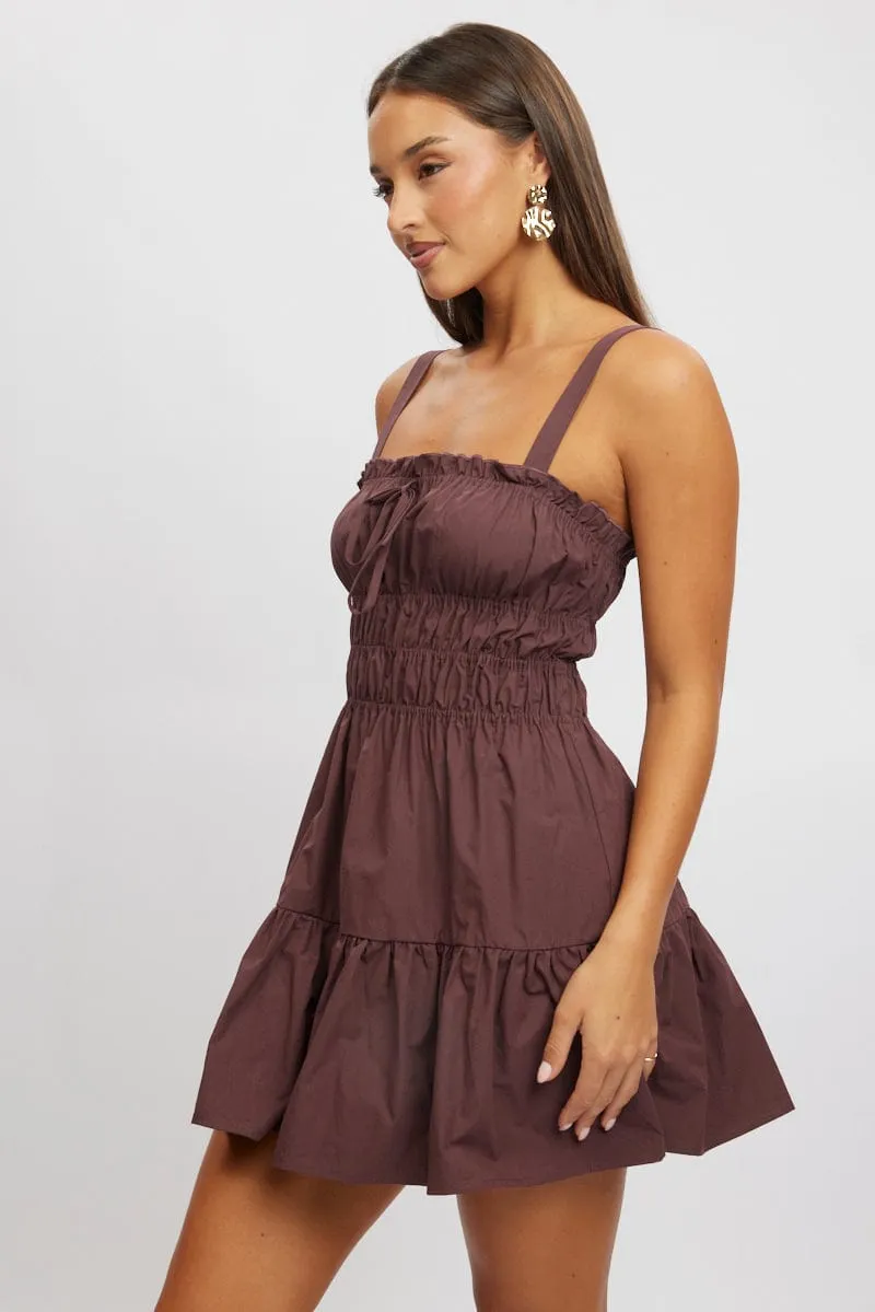 Fun Pop Play Mode Brown Fit And Flare Dress Mini Poplin