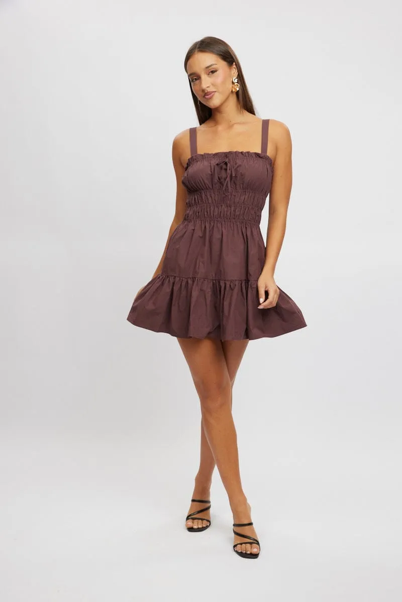 Brown Fit And Flare Dress Mini Poplin Romantic mini dress Chic dress for outings