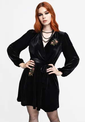 Cleome Floral Spiderweb Embroidered Velour Faux Wrap Mini Dress Easy-to-wear mini gown Pop Beat