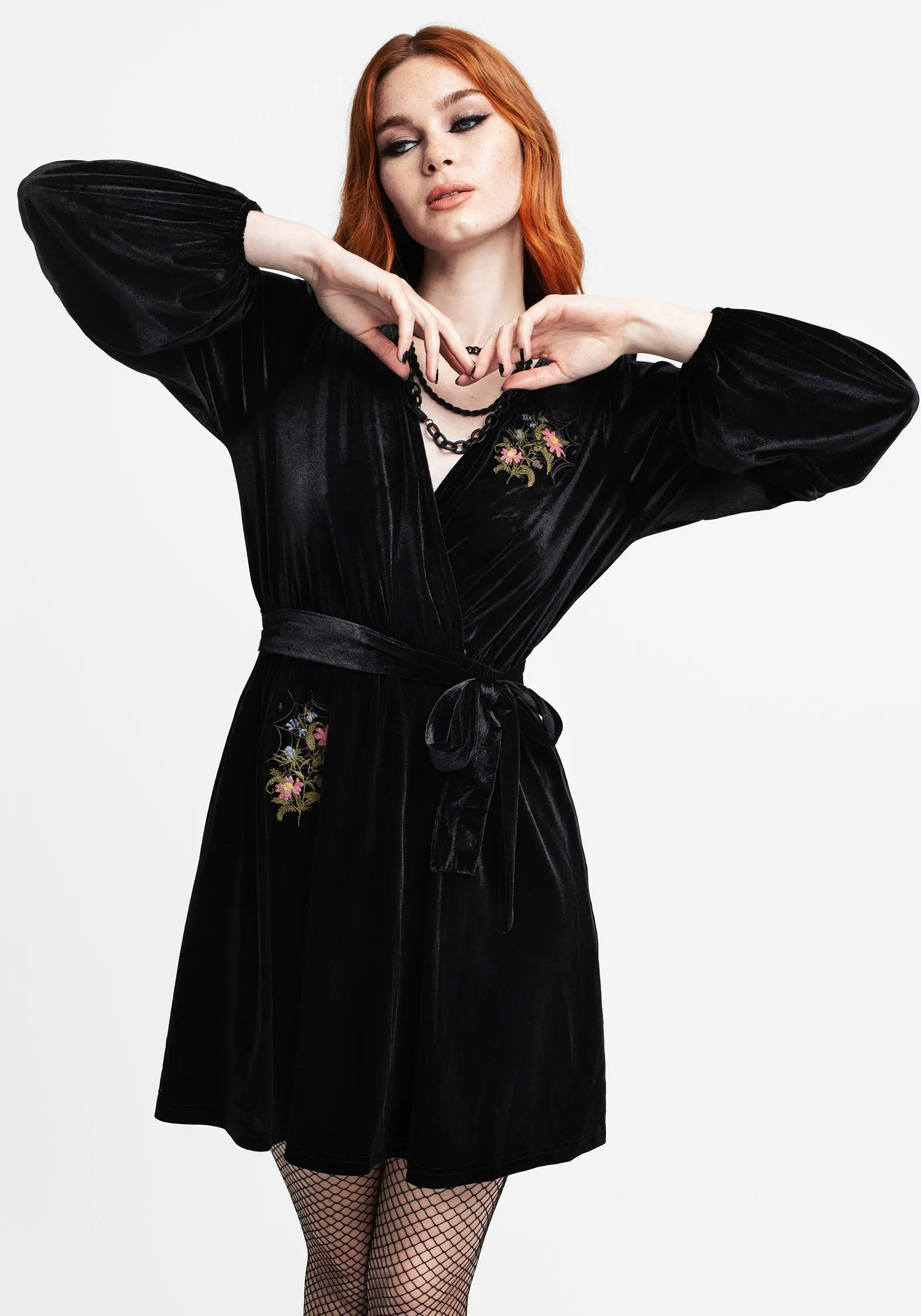High Light Cleome Floral Spiderweb Embroidered Velour Faux Wrap Mini Dress