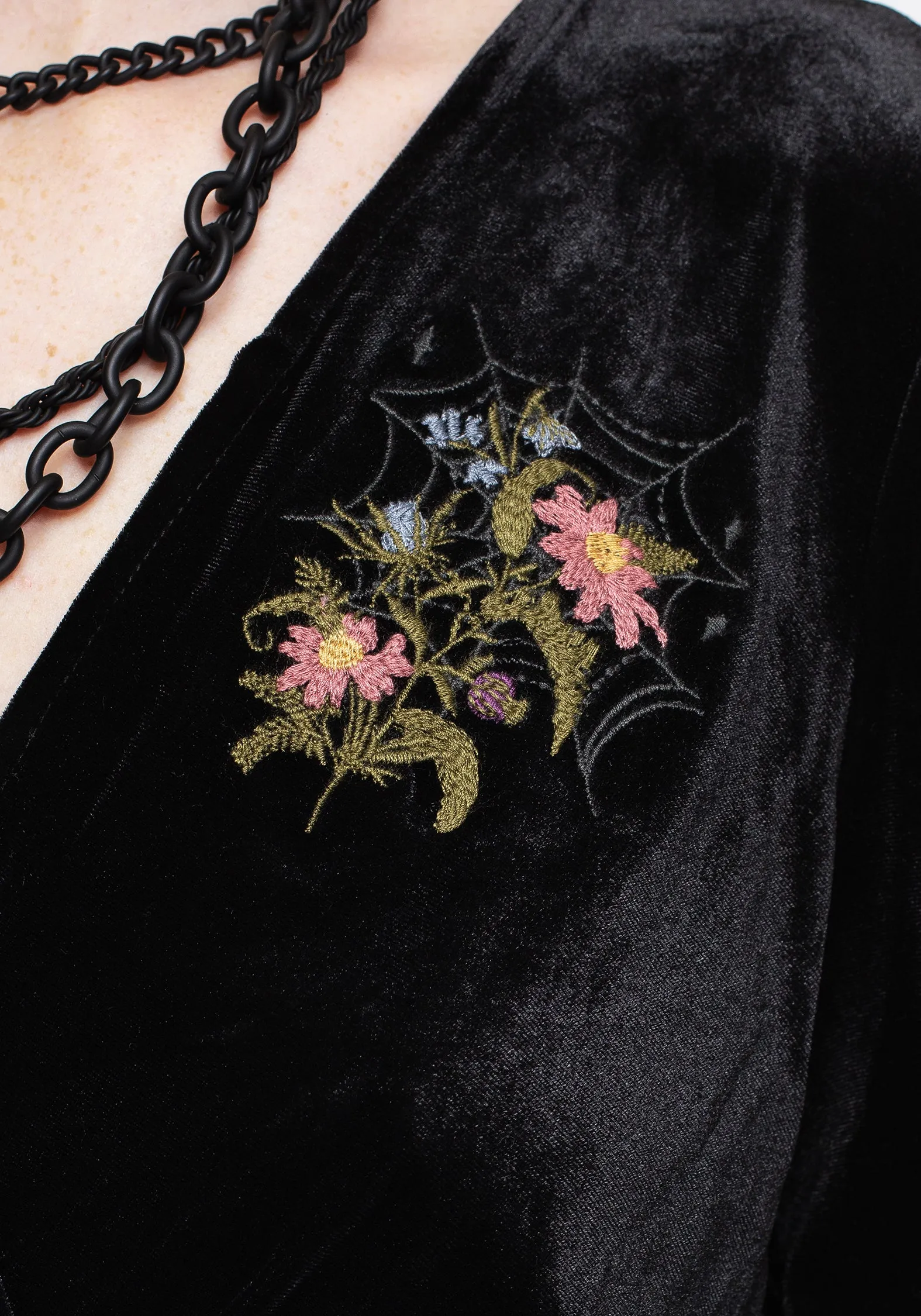 Comfy Design Cleome Floral Spiderweb Embroidered Velour Faux Wrap Mini Dress