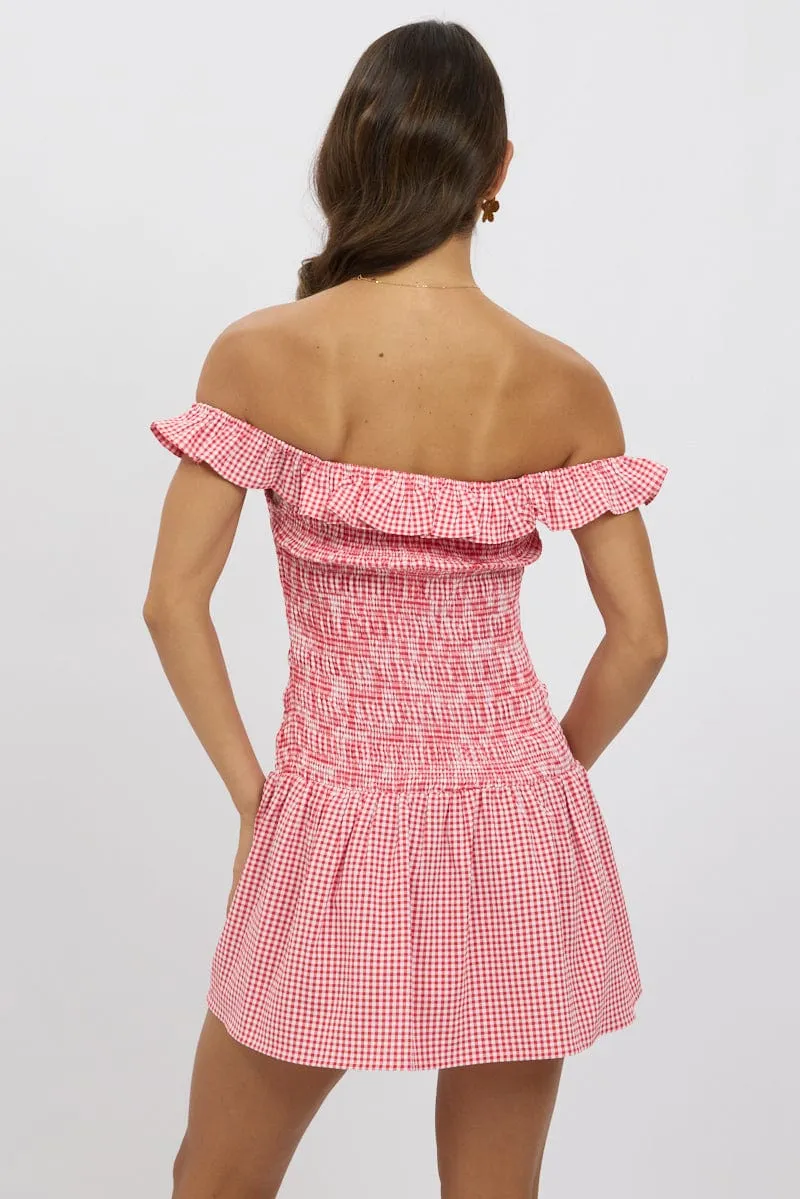 Red Check Shirred Mini Dress Star Beat Urban Fashion