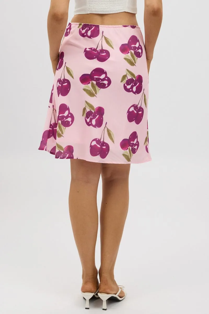 Roll Up Hem Everyday Wear Pink Abstract Picot Trim Midi Skirt Chiffon Lined