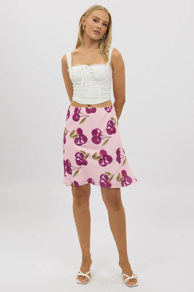 Breezy Outfit Pink Abstract Picot Trim Midi Skirt Chiffon Lined