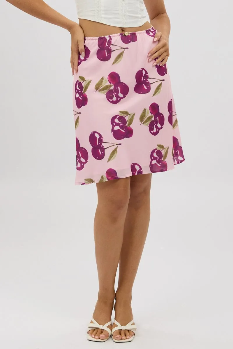 Must Have Feature Pink Abstract Picot Trim Midi Skirt Chiffon Lined