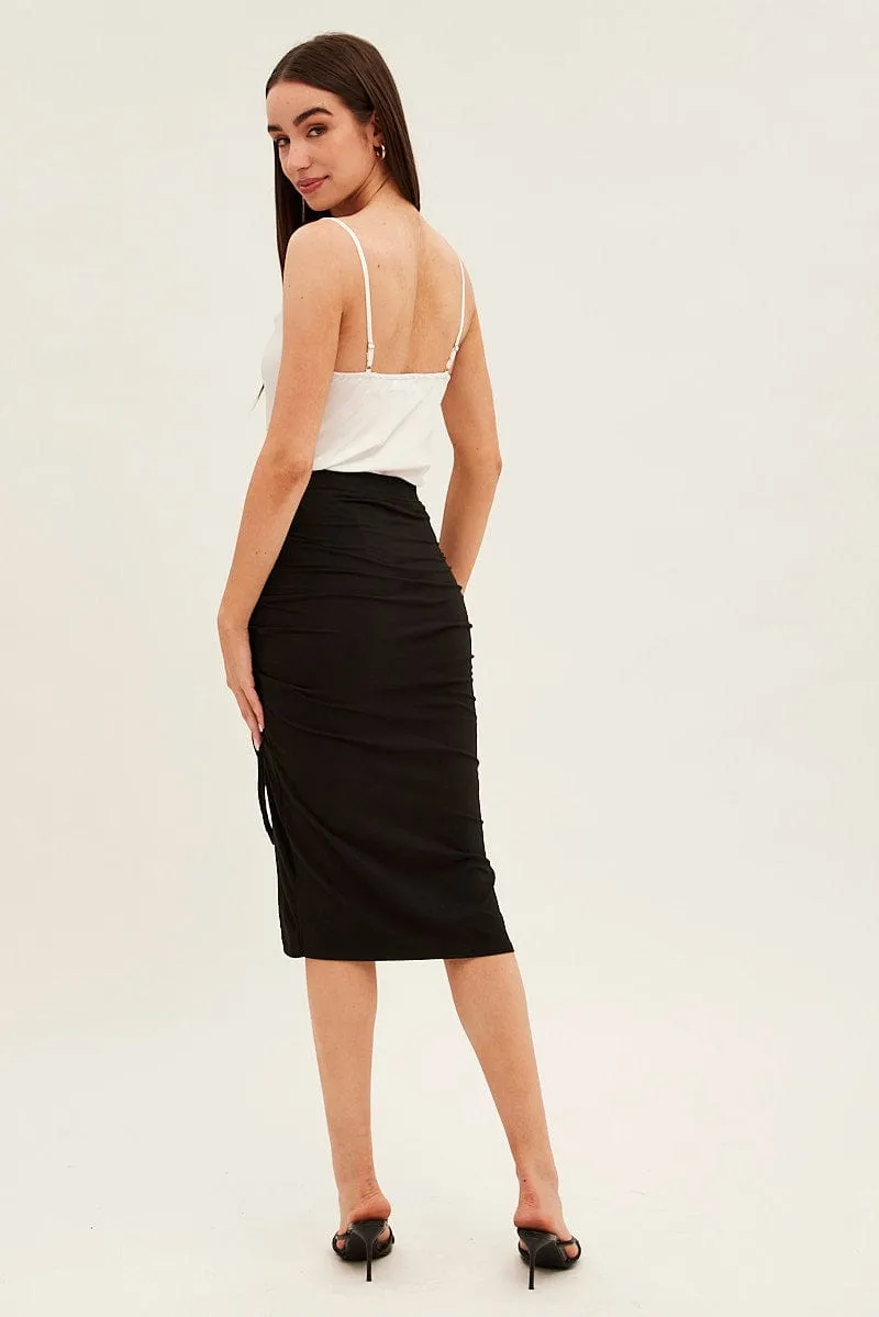 Black Ruched Midi Skirt Soft Aesthetic