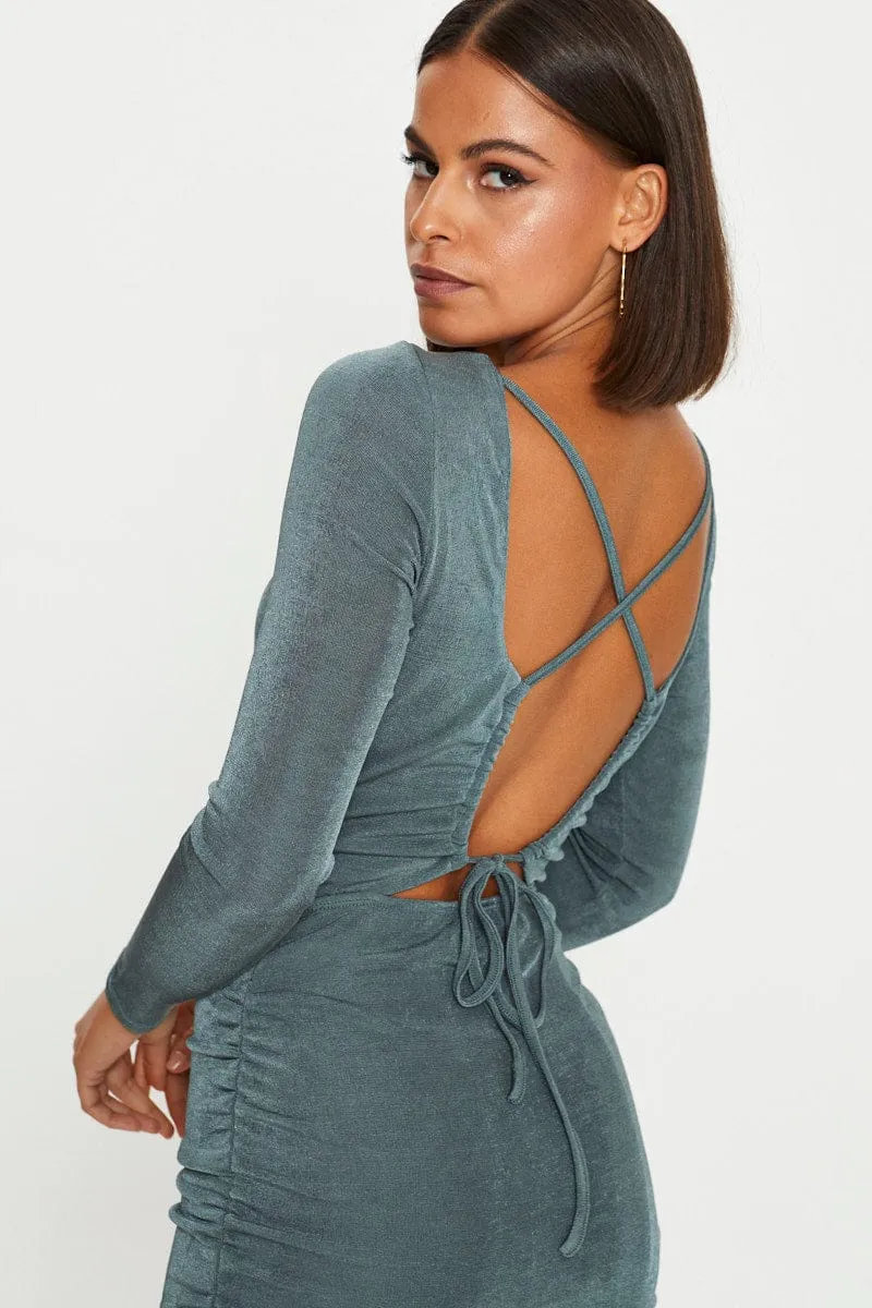 Green Strappy Tie Back Slinky Jersey Ruched Bodycon Dres ComfortStretch