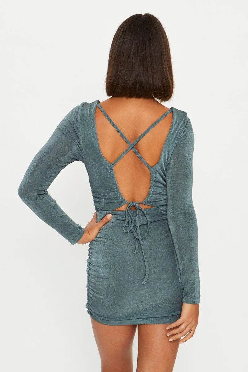 QuickReleaseFastener Green Strappy Tie Back Slinky Jersey Ruched Bodycon Dres