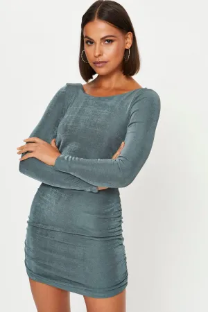 LowProfile Design Training Fit Green Strappy Tie Back Slinky Jersey Ruched Bodycon Dres