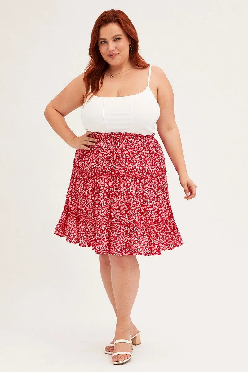 Shopping Trip Red Ditsy Mini Skirt High Rise Tiered