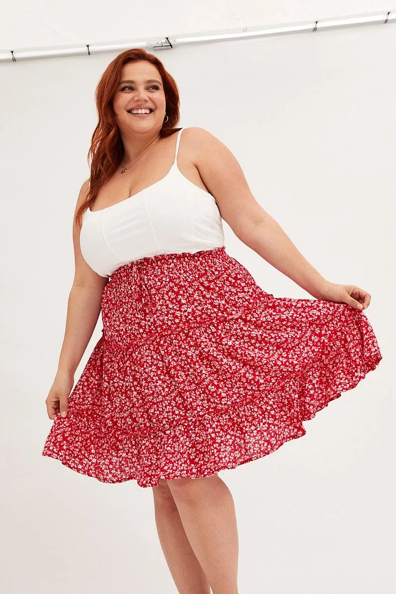 Transitional Wear Seamless Design Red Ditsy Mini Skirt High Rise Tiered