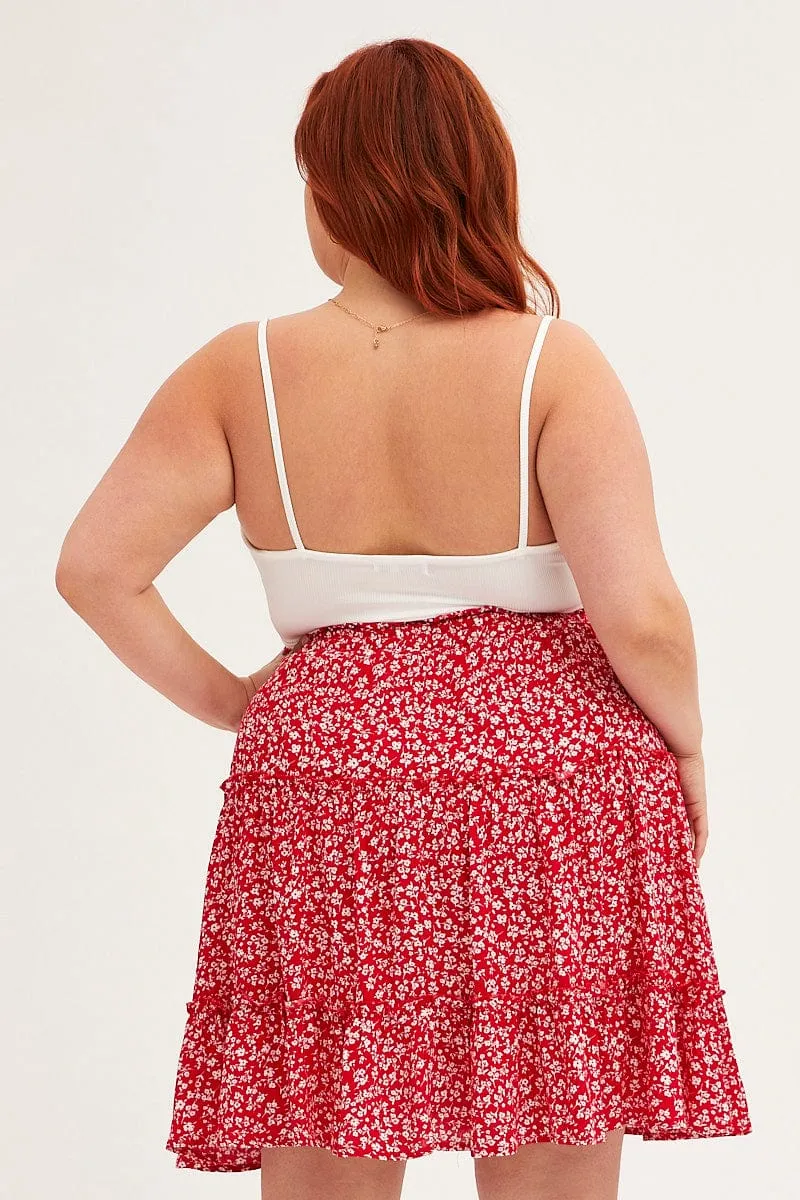 Simple Fashion casual finish Red Ditsy Mini Skirt High Rise Tiered