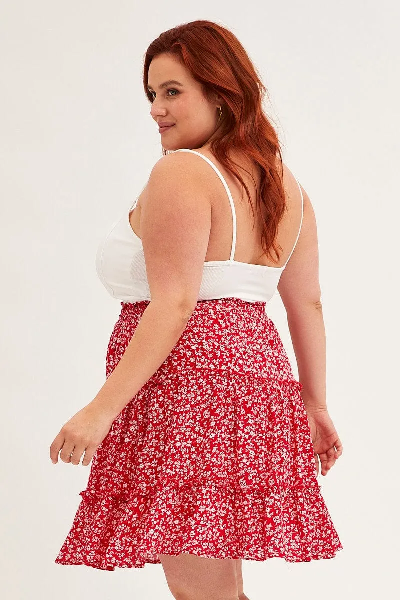 Red Ditsy Mini Skirt High Rise Tiered perforated design
