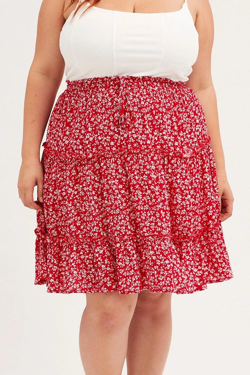Red Ditsy Mini Skirt High Rise Tiered Winter Staple