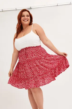 Transitional Wear Seamless Design Red Ditsy Mini Skirt High Rise Tiered