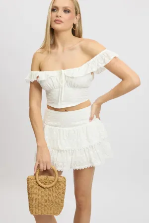 White Mini Skirt High Rise Shirred Waist Broidery Eyelet Daily Essential