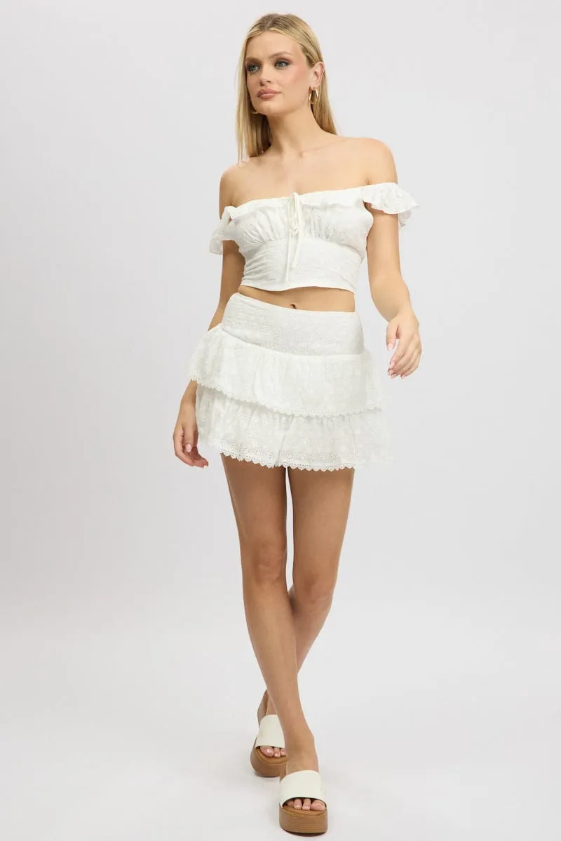Light Comfort Sleek Comfort White Mini Skirt High Rise Shirred Waist Broidery Eyelet