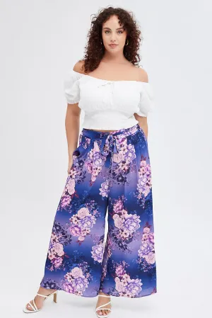 Stain Resistant Weave Multi Floral Wide Leg Pants High Rise Belted