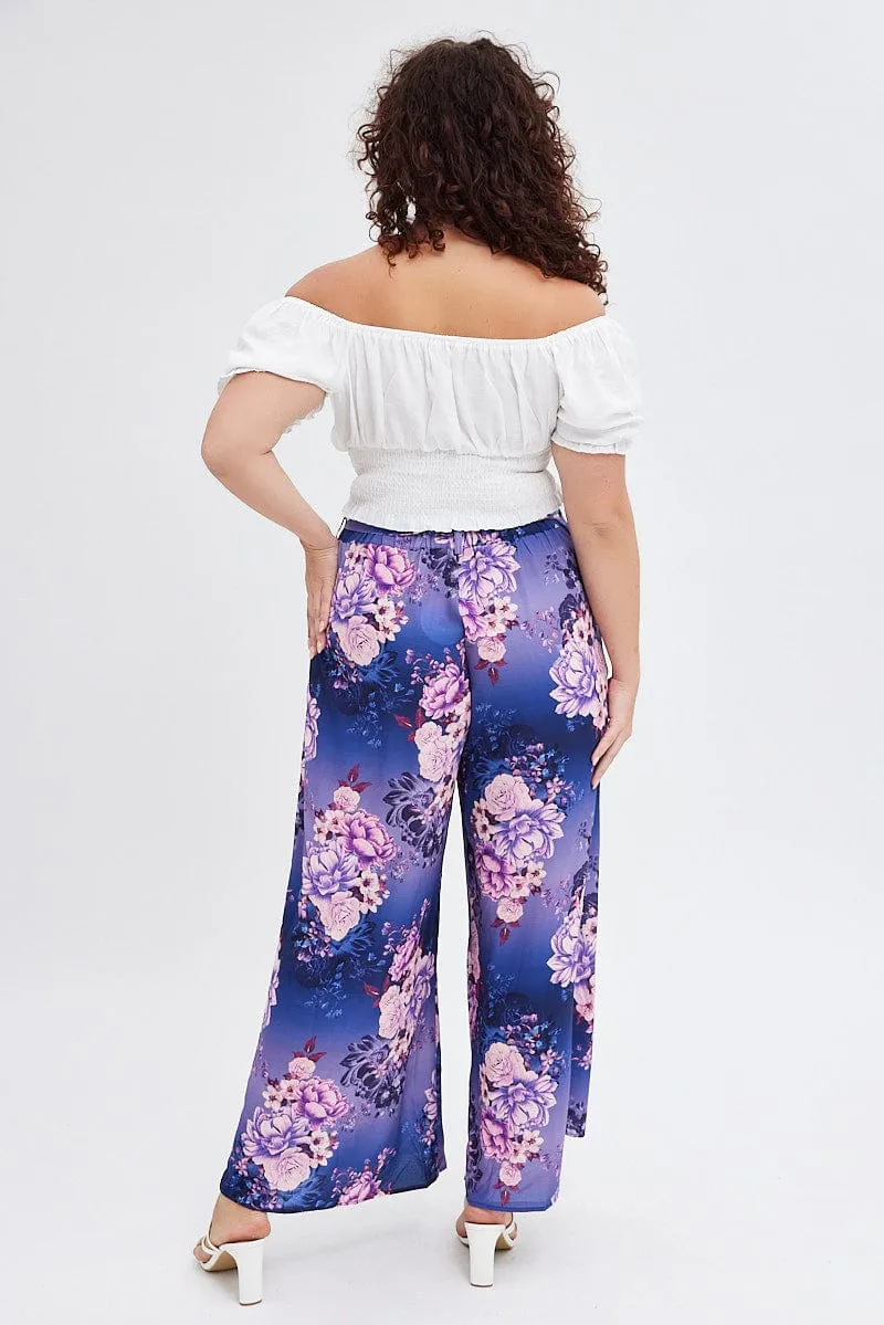 Multi Floral Wide Leg Pants High Rise Belted Trendy Fit