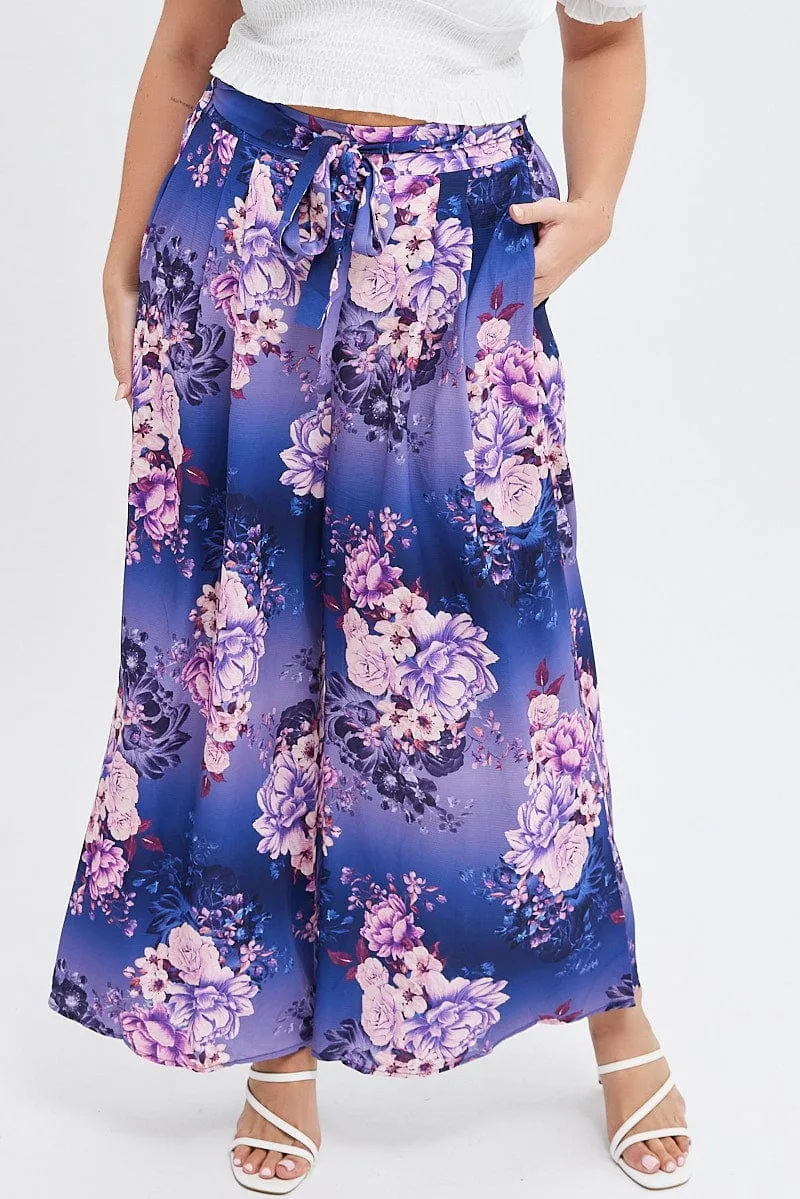 Multi Floral Wide Leg Pants High Rise Belted Effortless Look Functional Comfort