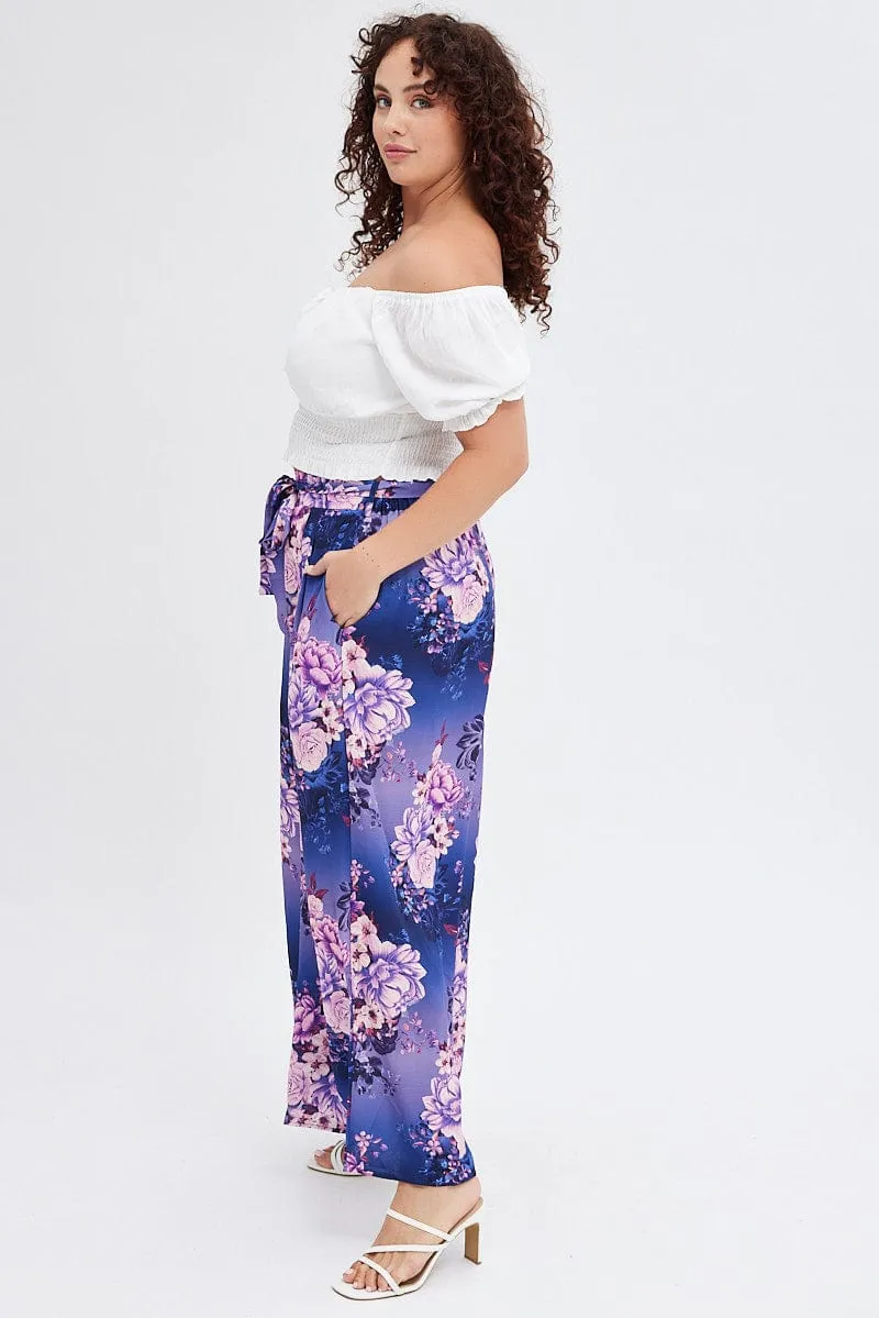 Multi Floral Wide Leg Pants High Rise Belted Stretchable