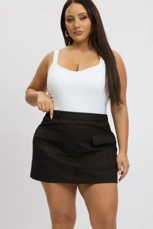 Flexible Motion Black Button Detail Patch Pocket Cotton Mini Skirt
