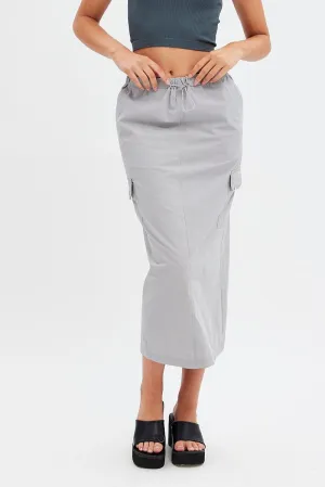 Grey Cargo Skirt Midi Cotton Flowy Drape