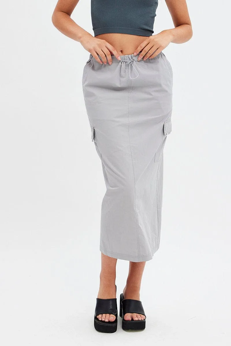 Grey Cargo Skirt Midi Cotton Flowy Drape