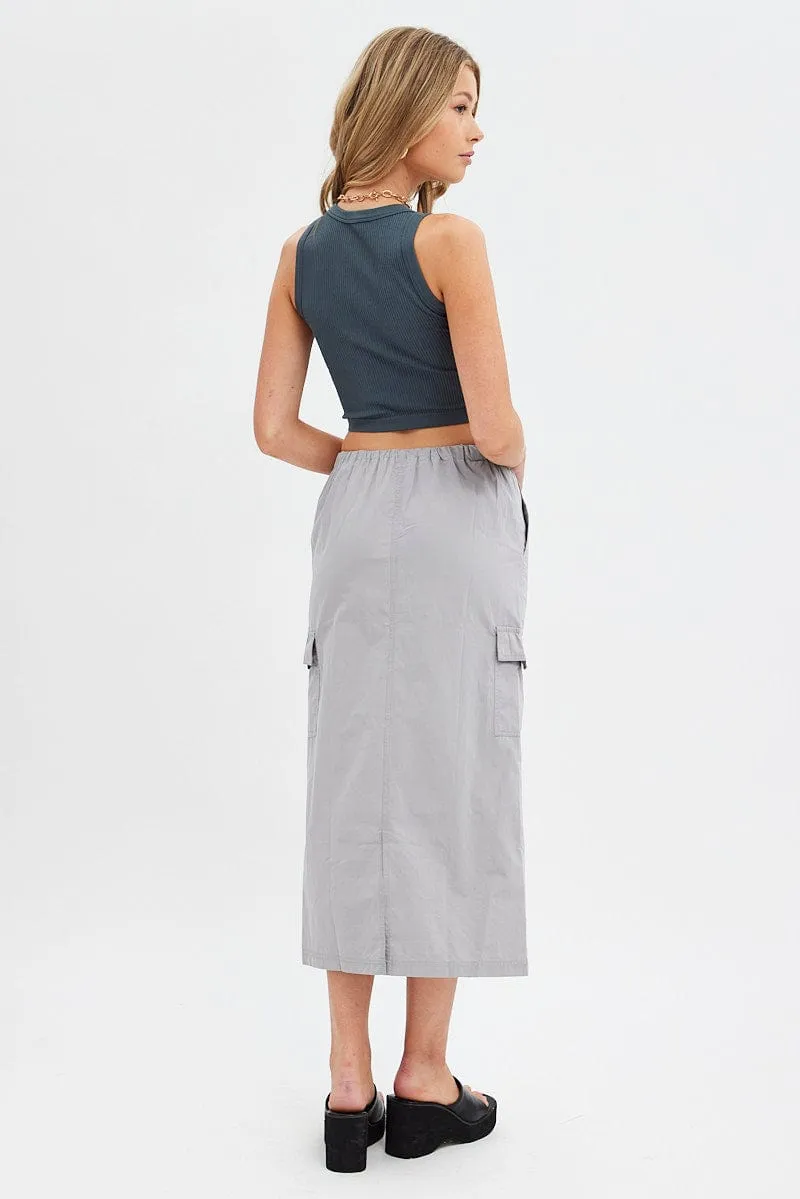 Floor Length Daily Essential Grey Cargo Skirt Midi Cotton