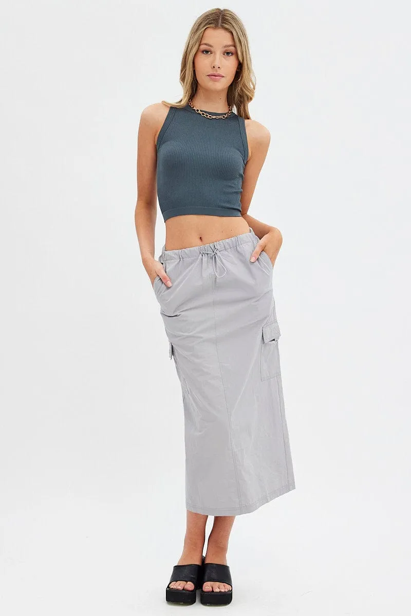 Grey Cargo Skirt Midi Cotton Button Fastenings