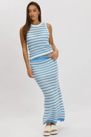 Blue Stripe Crochet Knit Skirt Elastic Waist Midi Lined Slim Fit Band Convertible Style