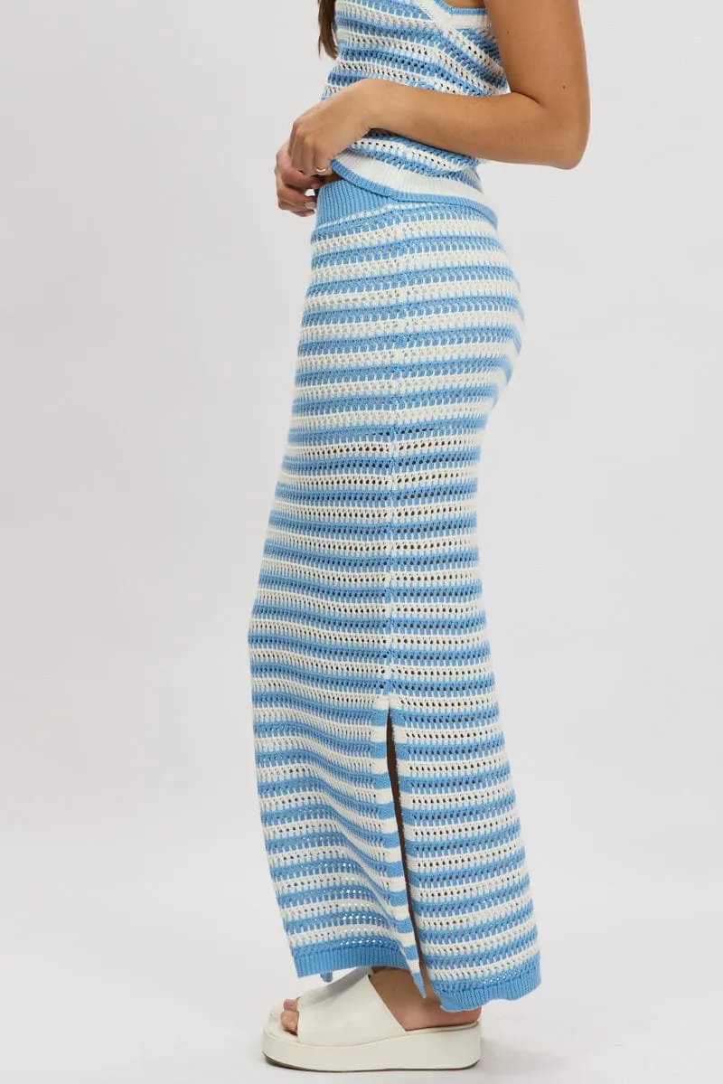 Recycled Polyester Fold Over Detail Blue Stripe Crochet Knit Skirt Elastic Waist Midi Lined