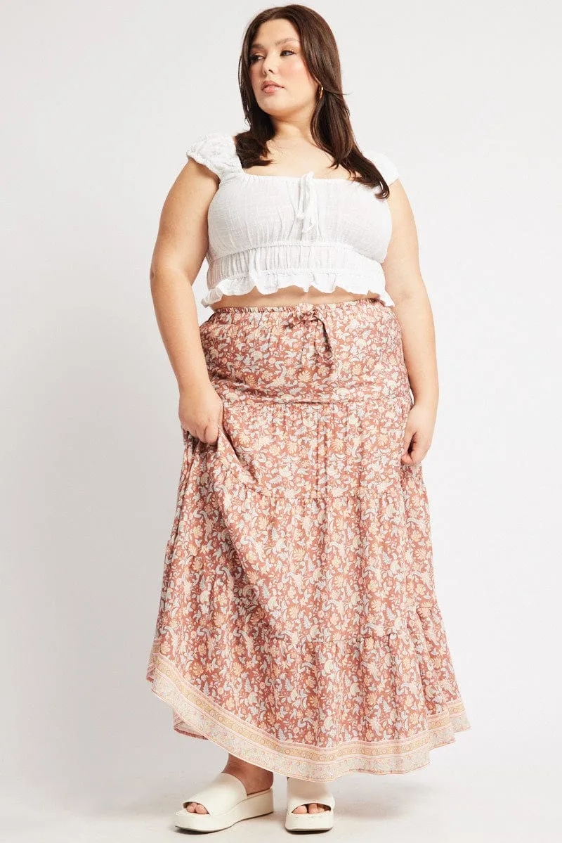 Multi Boho Tie Waist Tiered Maxi Skirt Curve Friendly