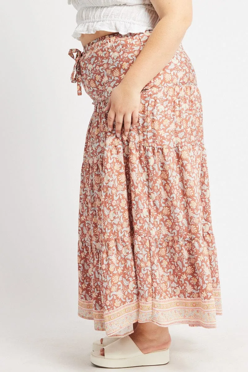 Soft Movement Multi Boho Tie Waist Tiered Maxi Skirt