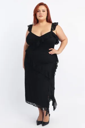 Chic Design Black Midi Dress Sleeveless Lace Ruffle