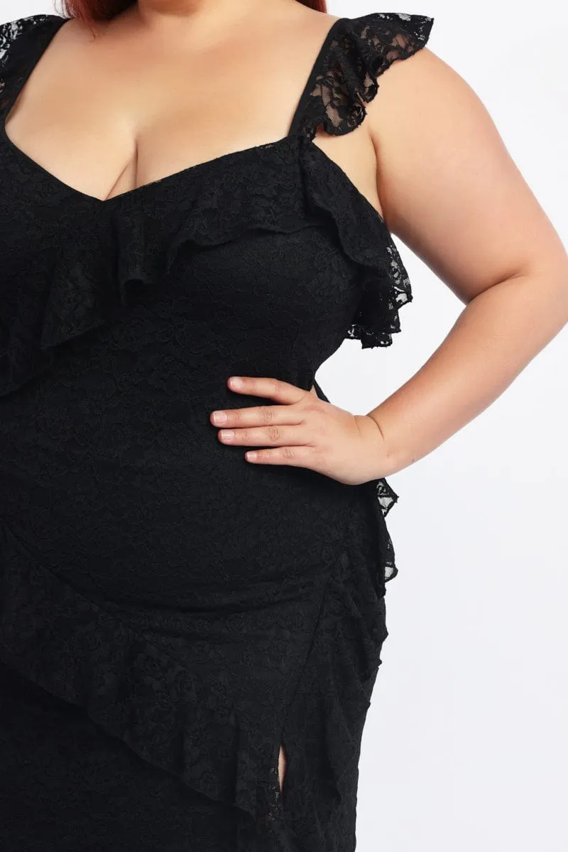 Black Midi Dress Sleeveless Lace Ruffle Seasonal Comfort