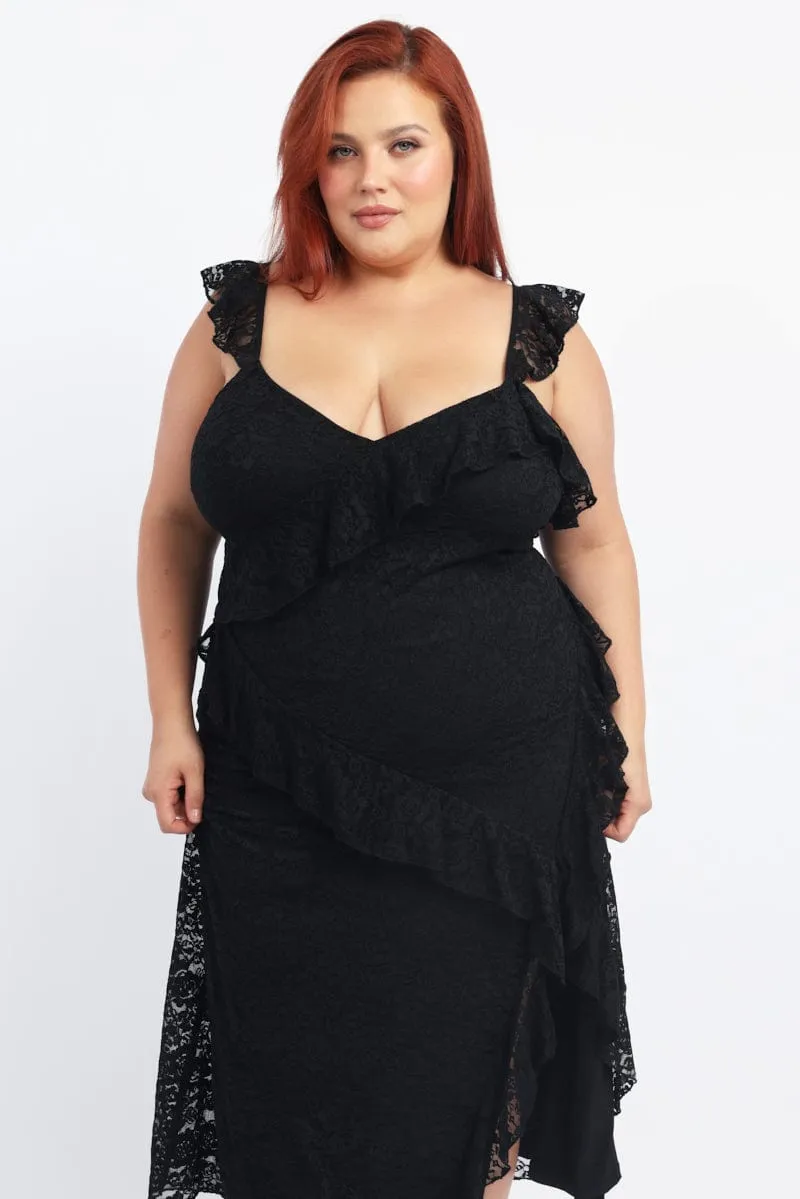 Black Midi Dress Sleeveless Lace Ruffle Picnic Shade Crystal Light