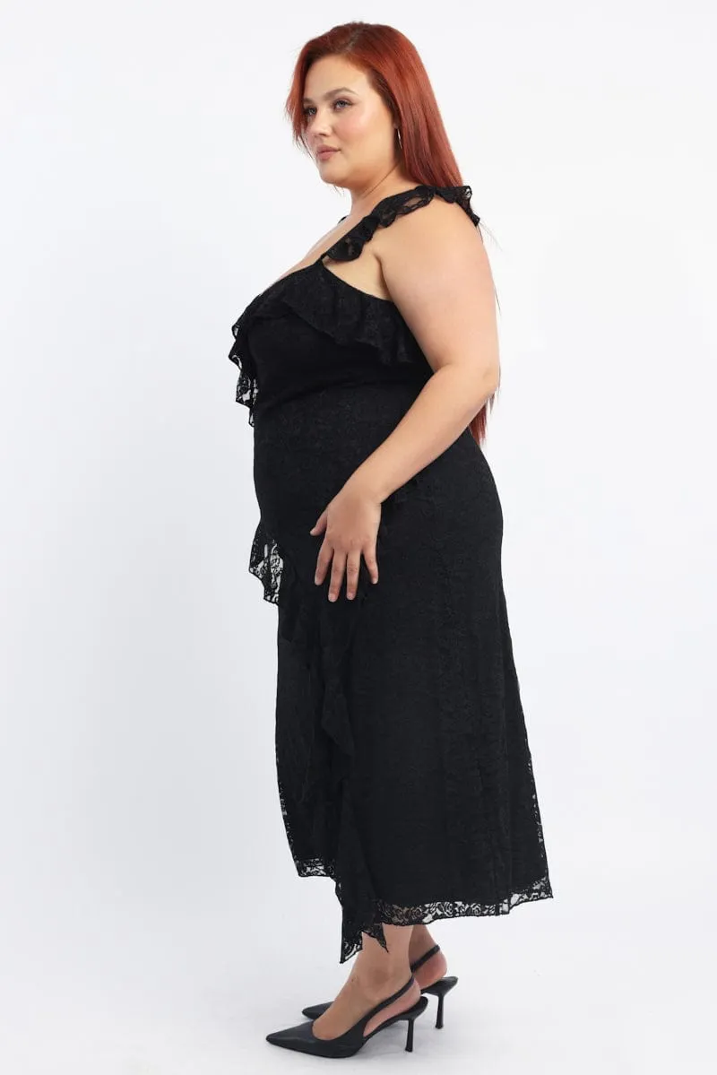 Black Midi Dress Sleeveless Lace Ruffle Air Float Fun floral midi gown