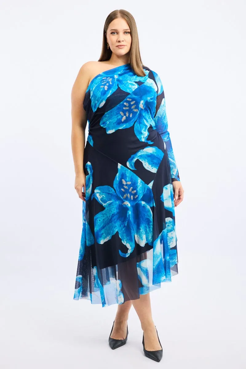 Blue Floral Midi Dress One Shoulder Mesh Everyday Smart City Walk