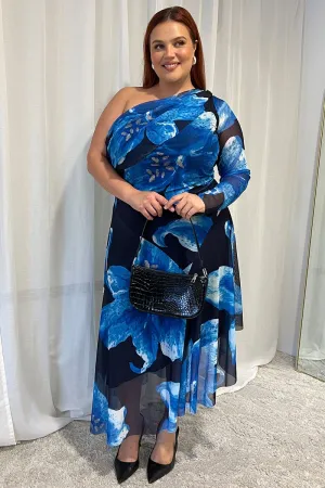Blue Floral Midi Dress One Shoulder Mesh Gem Shine