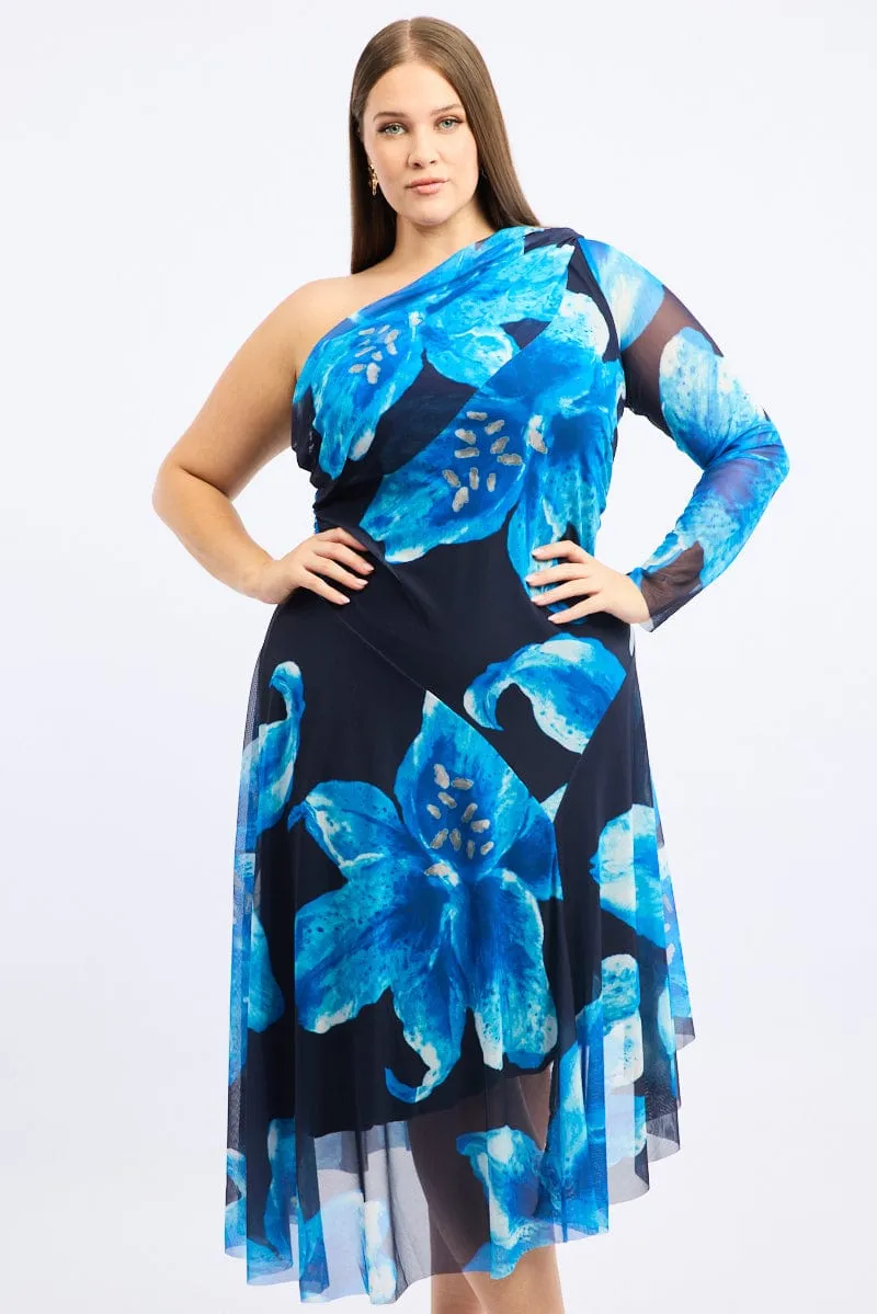 Blue Floral Midi Dress One Shoulder Mesh Elegant fit for formal occasions